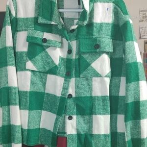 Green and White Plaid Button-Up Jacket